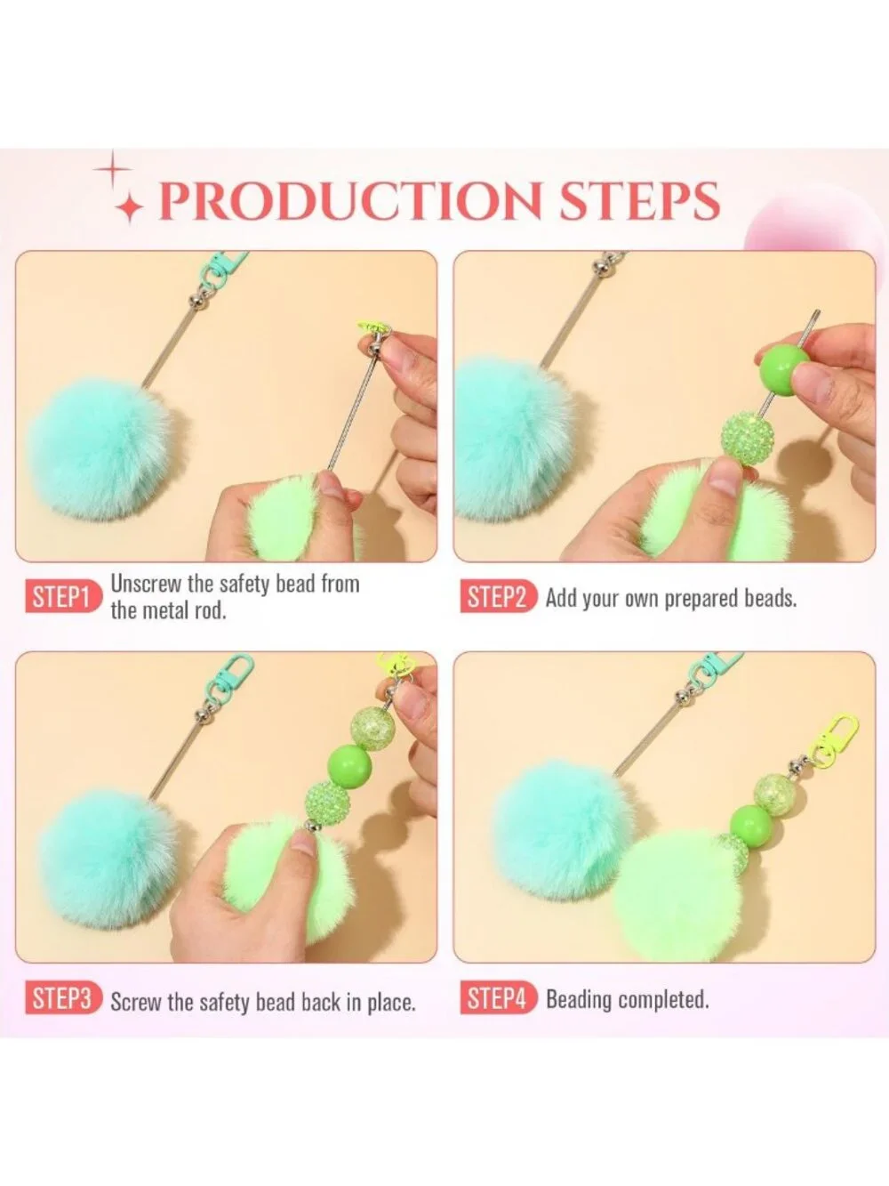 30 Pack DIY Beadable Keychain Bars with Pompom Balls - Fluffy Craft Gift Jewelry